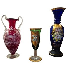 Vintage Bohmian Style Art Glass Set Cranberry Cobalt Emerald Gold Floral